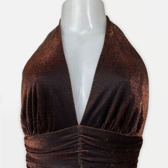 Vintage Cache Copper Bronze Halter Marilyn Style Metallic Pleated Dress - Picture 2 of 6